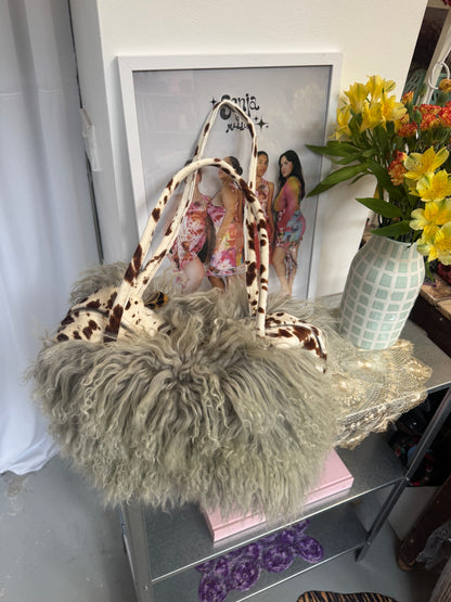 The Grey & Deer Print Mongolian Wool Bowler Bag