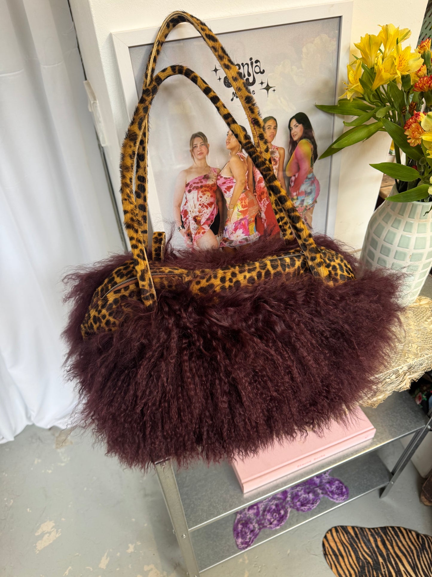 The Dark Wine & Leopard Print Mongolian Wool Bowler Bag