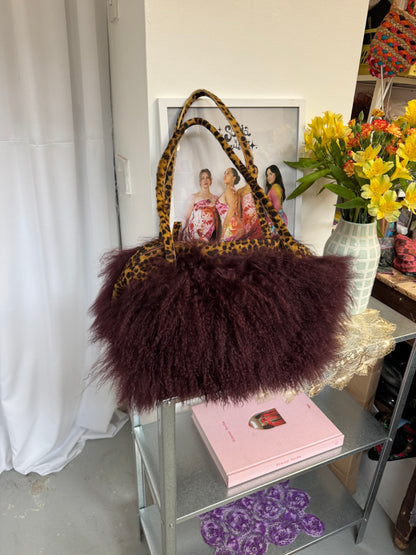 The Dark Wine & Leopard Print Mongolian Wool Bowler Bag