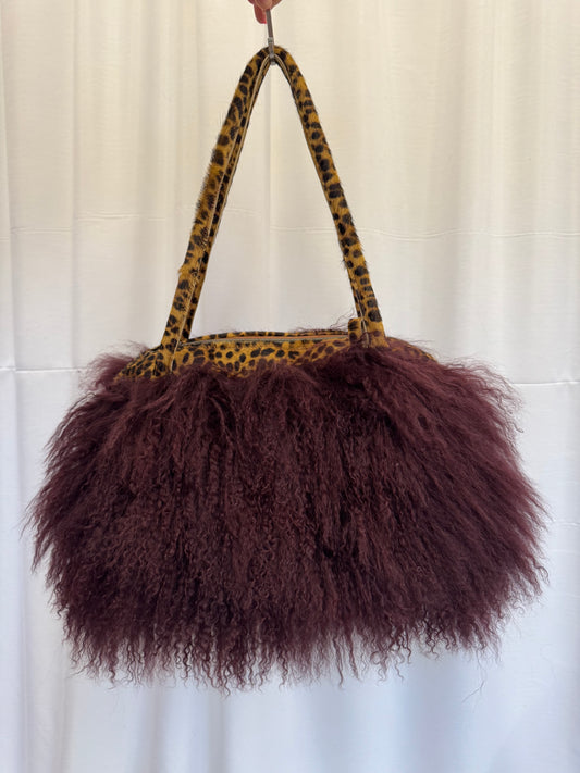 The Dark Wine & Leopard Print Mongolian Wool Bowler Bag
