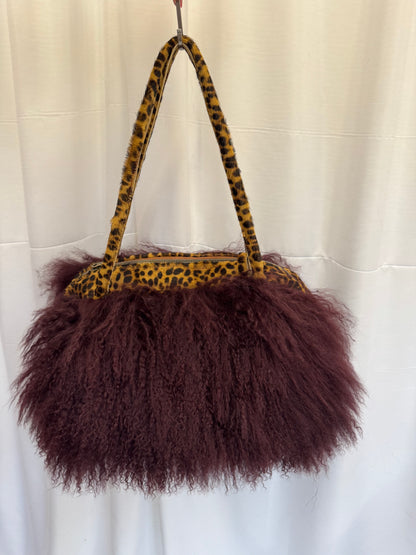 The Dark Wine & Leopard Print Mongolian Wool Bowler Bag