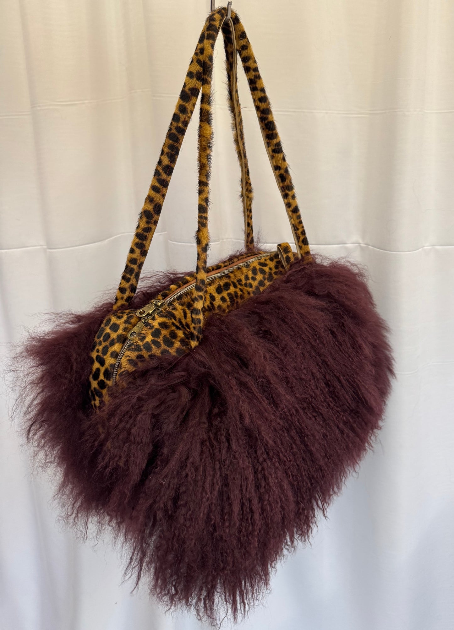 The Dark Wine & Leopard Print Mongolian Wool Bowler Bag