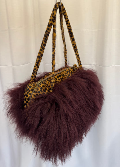 The Dark Wine & Leopard Print Mongolian Wool Bowler Bag