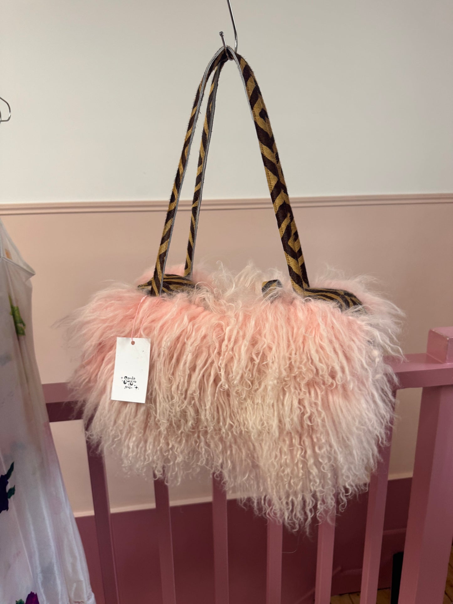 The Zebra Baby Pink Mongolian Wool Bowler Bag