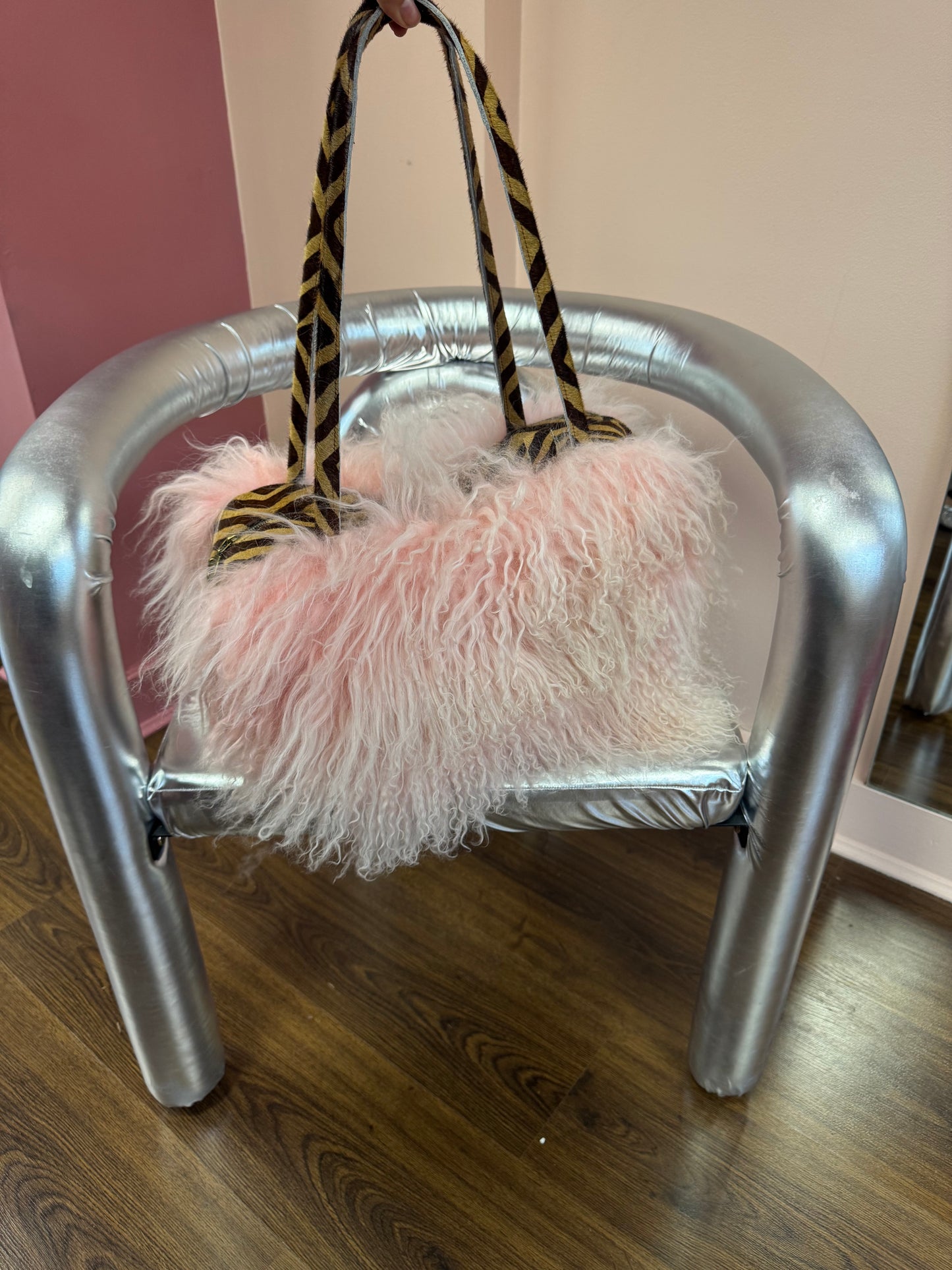 The Zebra Baby Pink Mongolian Wool Bowler Bag