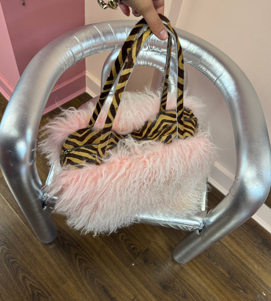 The Zebra Baby Pink Mongolian Wool Bowler Bag