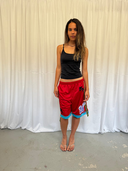 Red shorts with turquoise lace