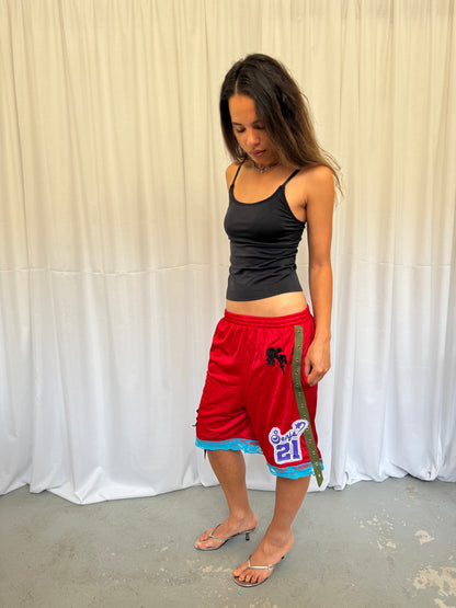 Red shorts with turquoise lace
