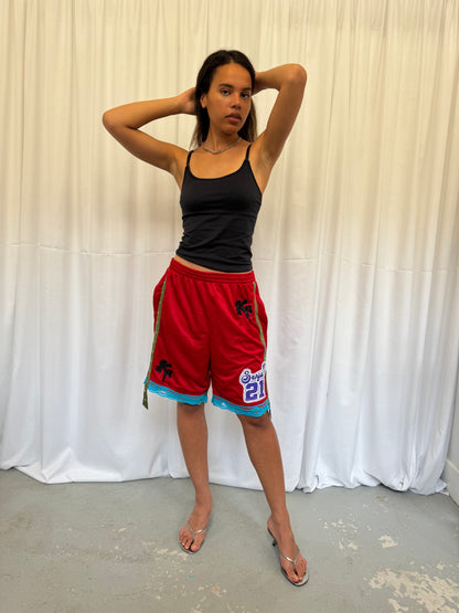 Red shorts with turquoise lace