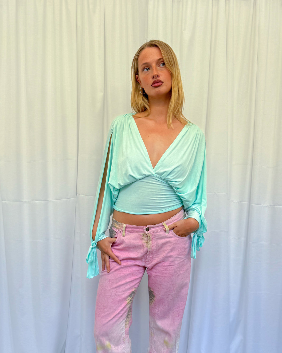 Aqua Long-sleeve Drape Top
