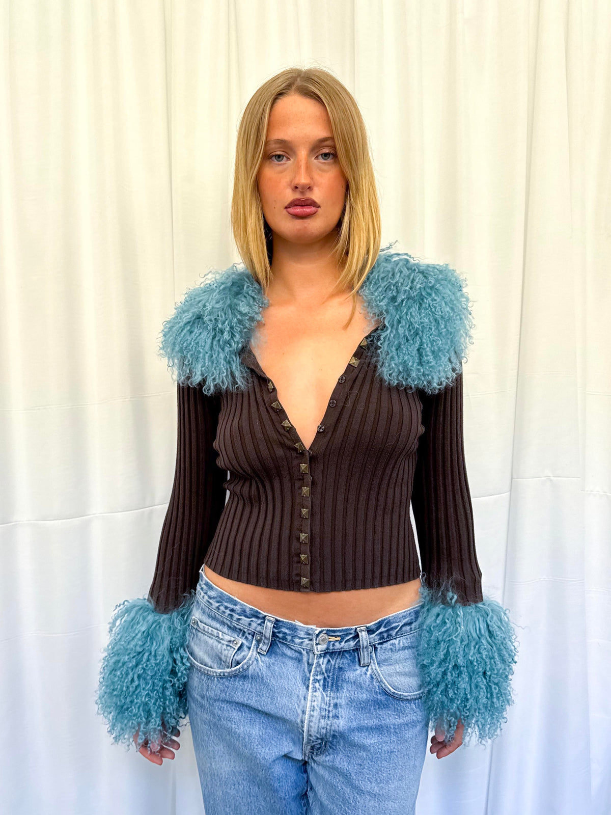 Brown and Teal Ribbed Cardie
