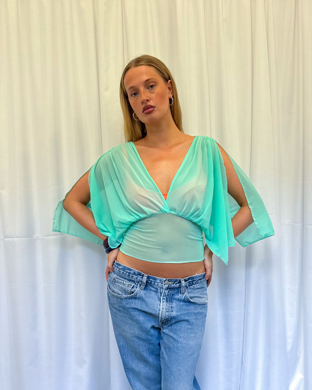 Sea-foam Turquoise Mesh Drape Top