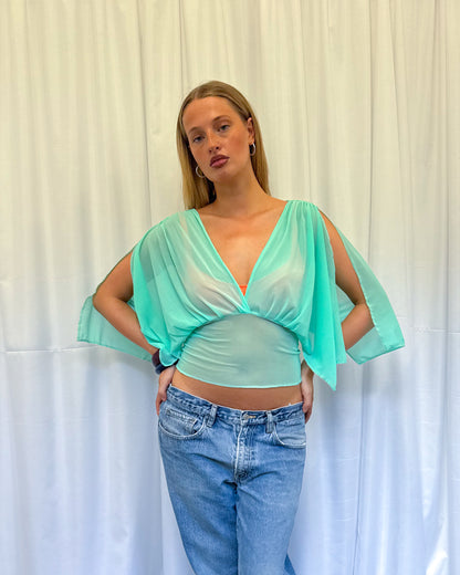Sea-foam Turquoise Mesh Drape Top